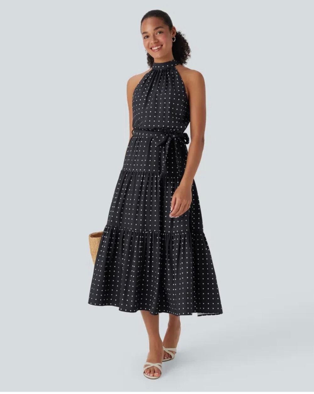 HALARA Halter Keyhole Back Belted Polka Dot Flowy Midi Dress | Medium